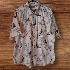 Nautical Print Button-Down Shirt - Beige, Red, Yellow